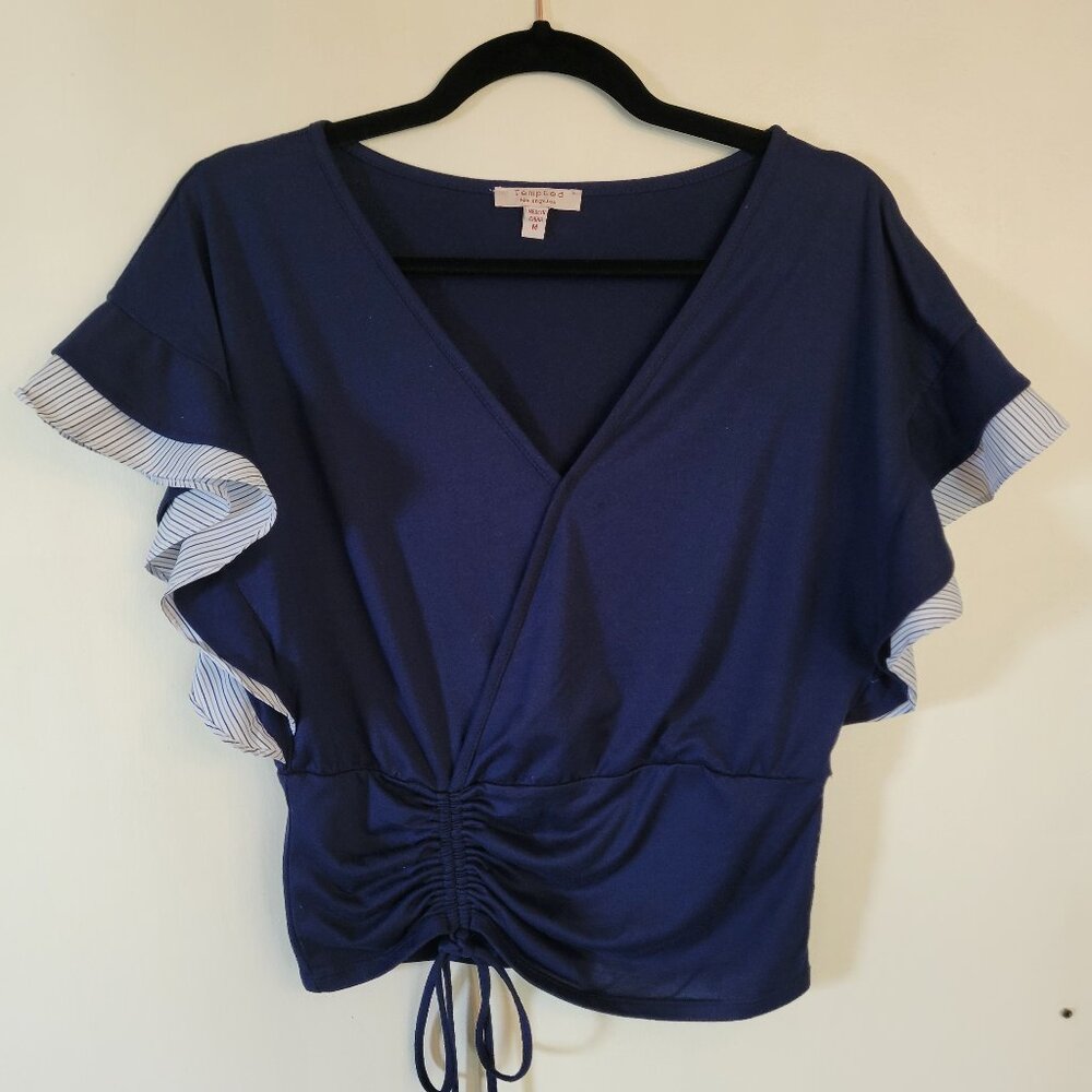 Tempted | Flutter Sleeve Top | Medium | Navy Blue